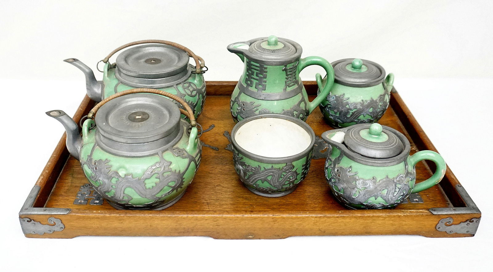 ANTIQUE CHINESE DRAGON YIXING & PEWTER TEA SERVICE (1 of 14)