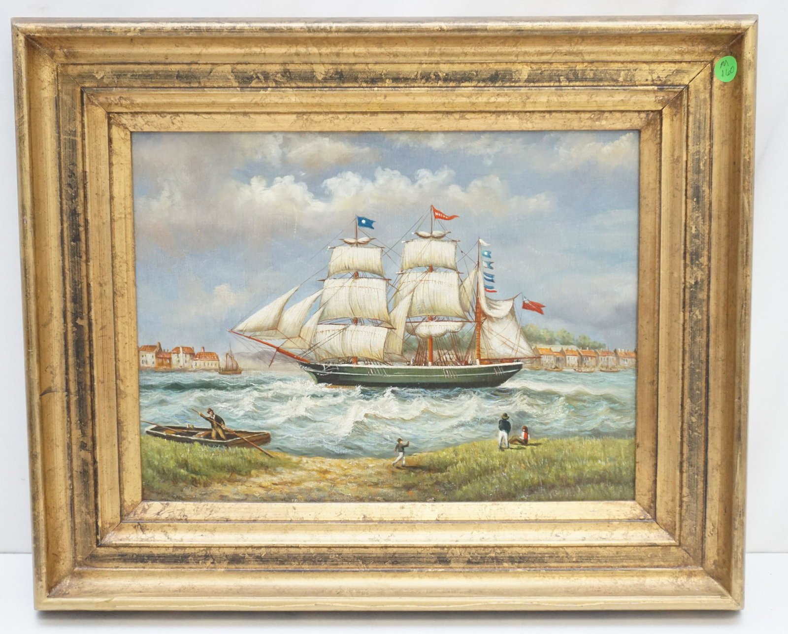 MARITIME OIL ON CANVAS CLIPPER SHIP: 20th c. Maritime Oil on Canvas Clipper Ship arriving in Port. Gilt Frame. In Frame measures 22 1/4"x17 1/2"x2". Weight 5 pds. PROVENANCE: A Private Charleston SC Estate.