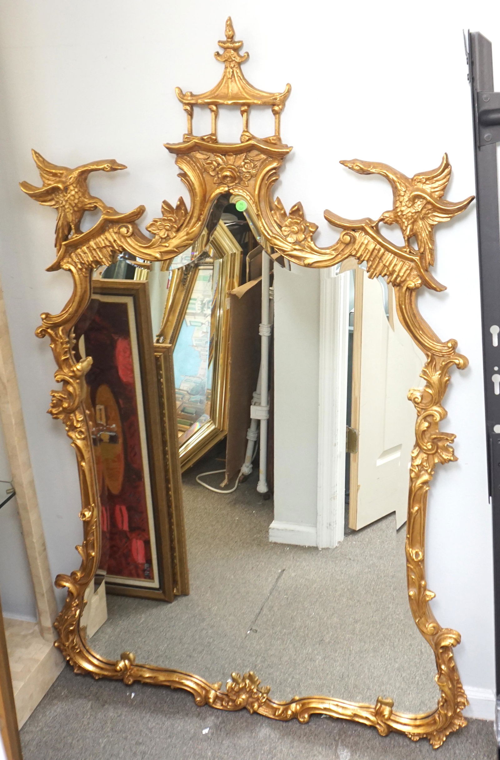 CHINESE CHIPPENDALE LARGE GILT WOOD MIRROR (1 of 4)