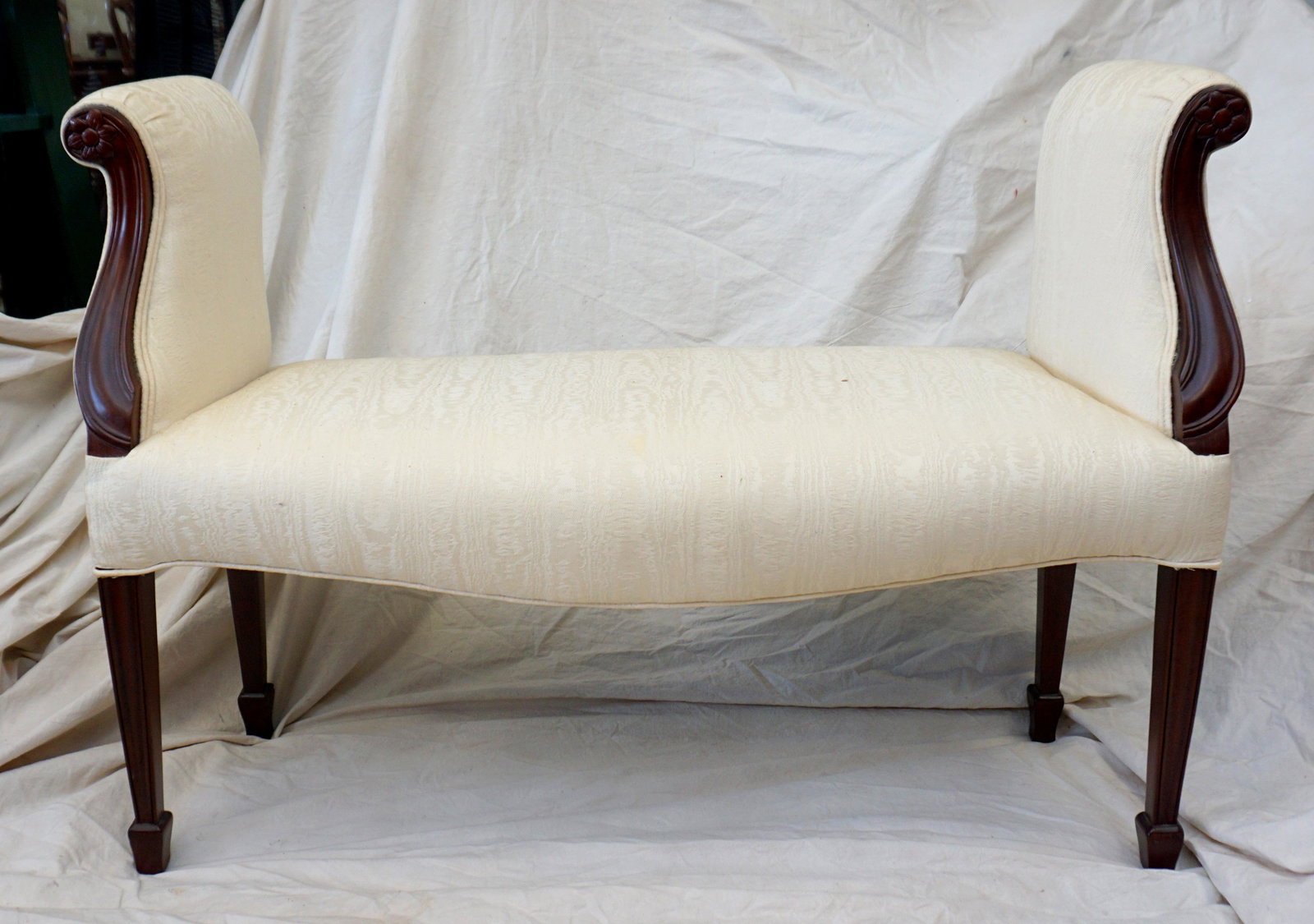 CARVED MAHOGANY FEDERAL UPHOLSTERED BENCH (1 of 6)
