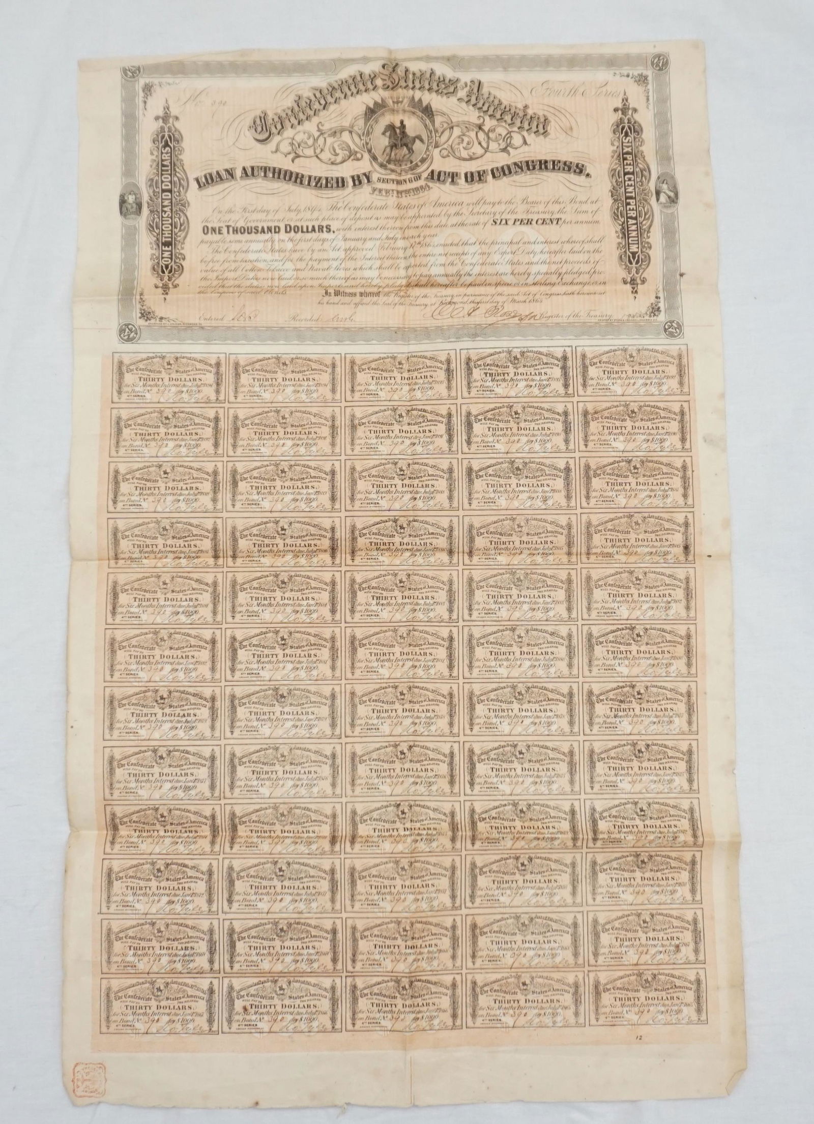 1864 $1000 CONFEDERATE BOND w/ 60 COUPONS: Confederate 1864 $1000 Bond complete with all 60 coupons. Red CSA Seal. Unframed. Fold Marks and age expected wear. When opened 28"x17". PROVENANCE: A Private Charleston SC Estate.