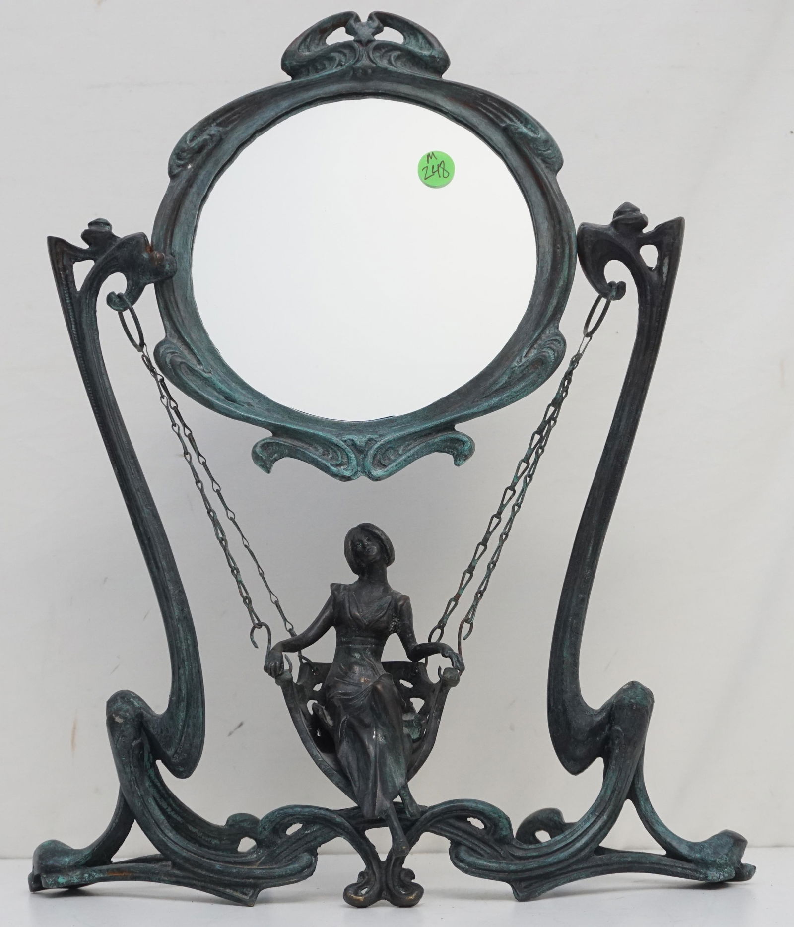 ART NOUVEAU STYLE BRONZE TABLE MIRROR W/ GIRL ON SWING (1 of 8)
