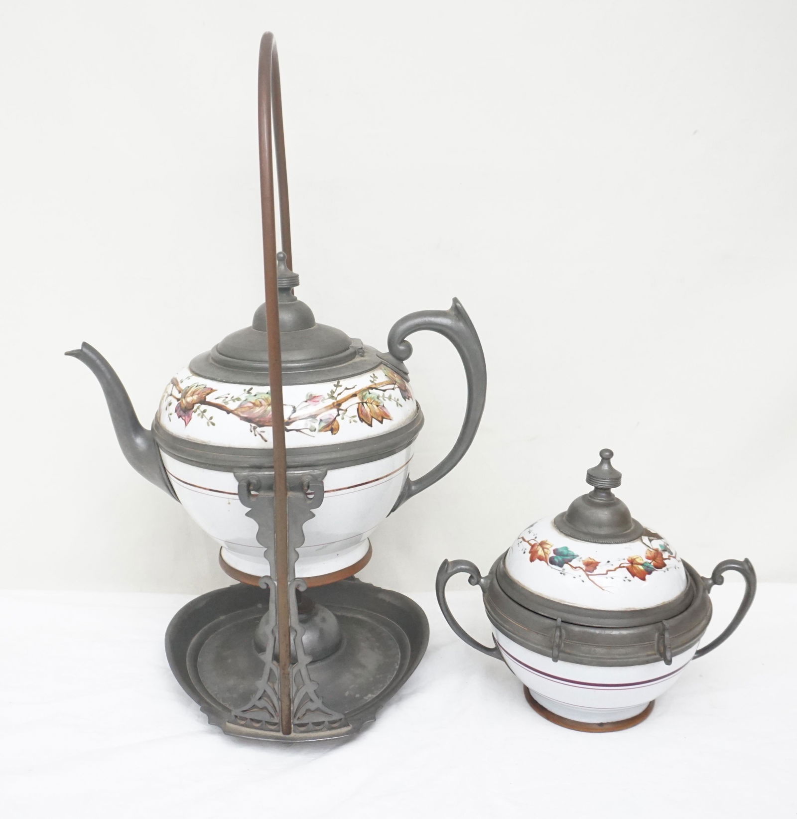 EARLY GRANITEWARE AND PEWTER TEAPOT ON STAND (1 of 7)
