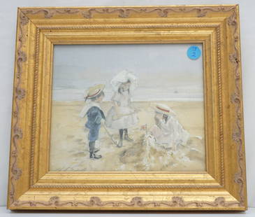 JOHN STRICKLAND GOODALL (1909-1996) BEACH PRINT: John Strickland Goodall (British,1908-1996) Print. Children on a English Beach. In Gilt Wood Frame. In frame measures 12"x11"x1". Weight 2 pds. PROVENANCE: A Charleston SC Private Estate