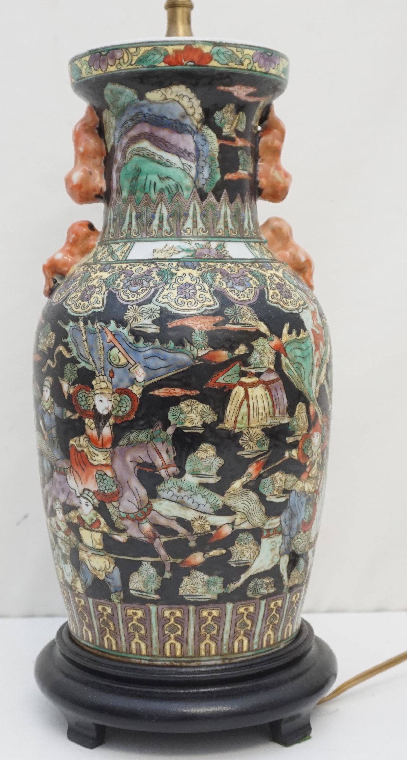 CHINESE PORCELAIN FAMILLE NOIRE LAMP WARRIORS (1 of 11)