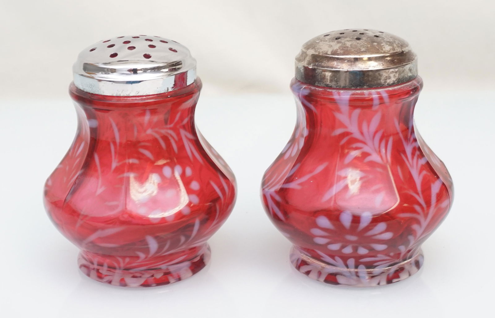 PAIR CRANBERRY OPALESCENT DAISY & FERN SUGAR SHAKERS (1 of 5)