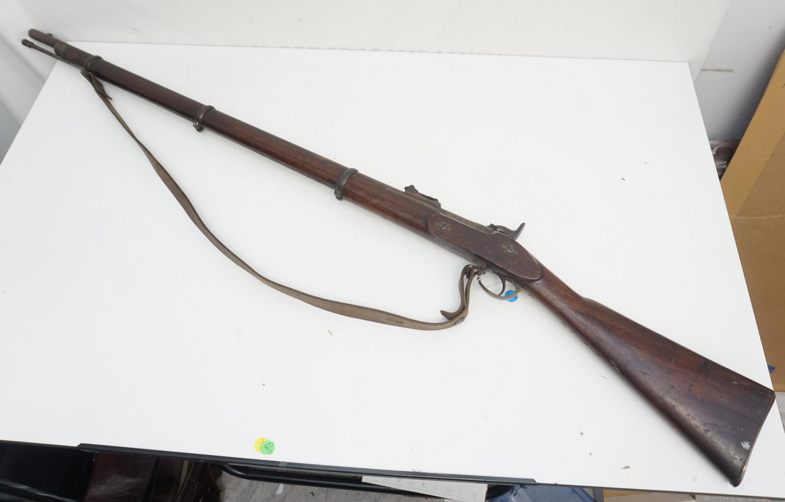 CIVIL WAR CONFEDERATE 18633 ENFIELD MUSKET: 1863 Civil War Confederate States of America marked Tower Pattern 1853. 3rd model percussion rifle musket. Walnut full length stock. Three barrel bands. Brass buttplate and trigger guard. Ramrod. Birm