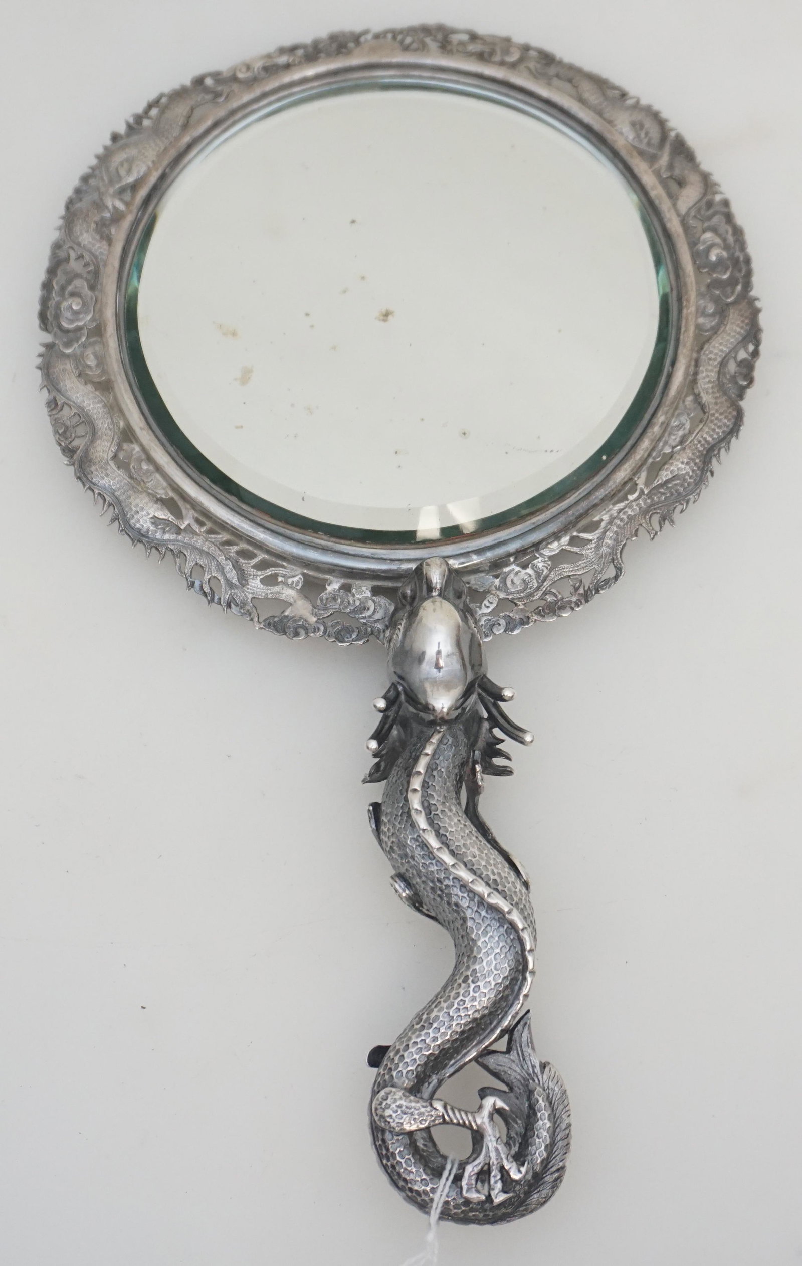 19th c CHINESE EXPORT SOLID SILVER HAND MIRROR, WANG (1 of 9)