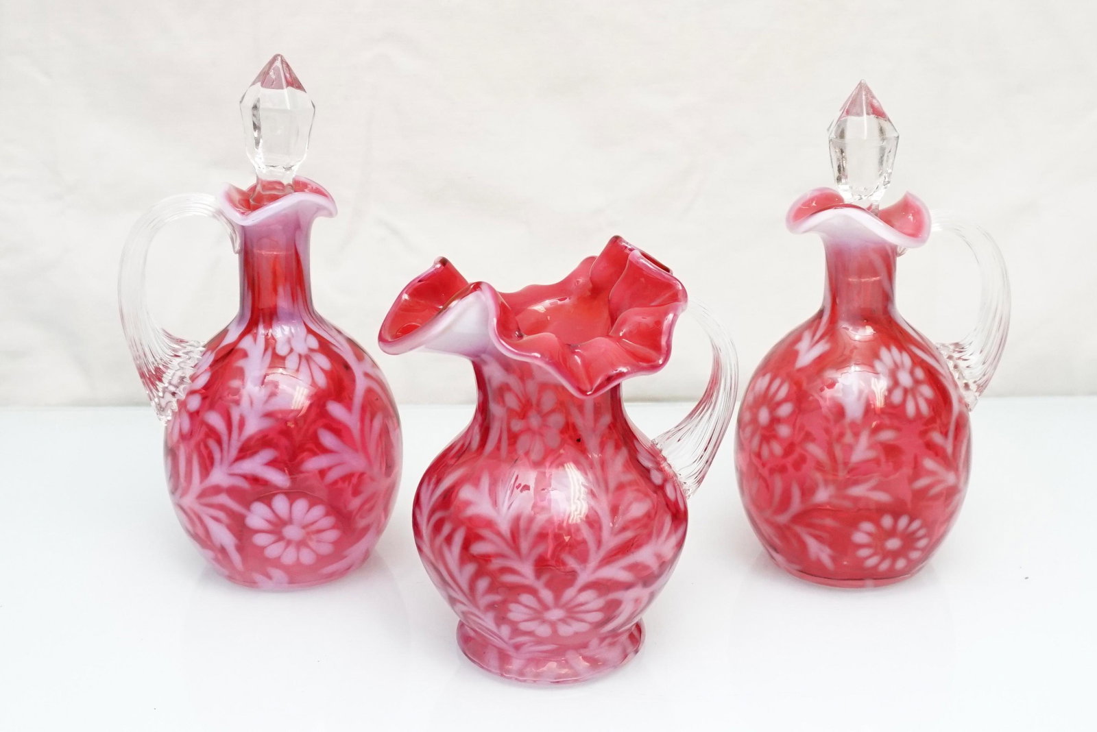 3 pc CRANBERRY OPALESCENT DAISY AND FERN GLASS (1 of 7)