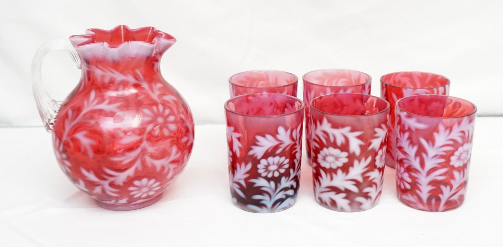 7 CRANBERRY OPALESCENT DAISY AND FERN TUMBLERS (1 of 5)