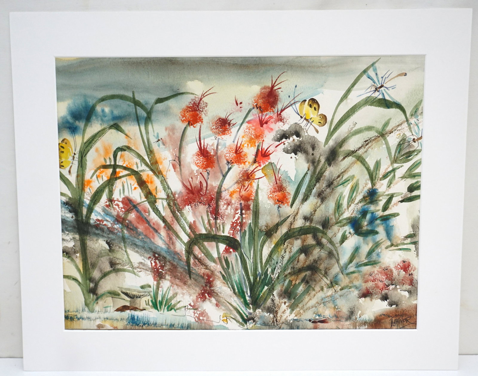 HAROLD A LAYNOR (1922-1991) MID CENTURY FLOWERS: Harold A. Laynor (1922-1991) Mid Century Flowers and Insects Watercolor. Signed lower left. Unframed 17"x21" including mat.Weight 1pd. Harold A. Laynor was born in New York City in 1922 and embarked o