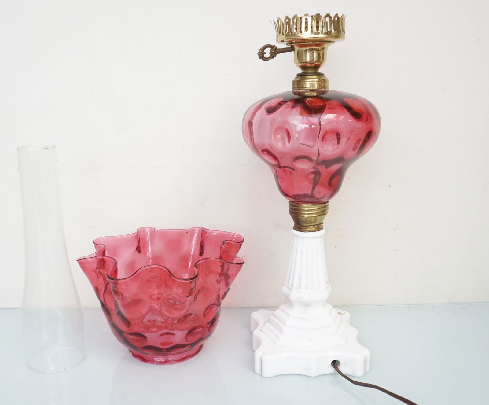 CRANBERRY THUMBPRINT MILK GLASS LAMP (1 of 5)