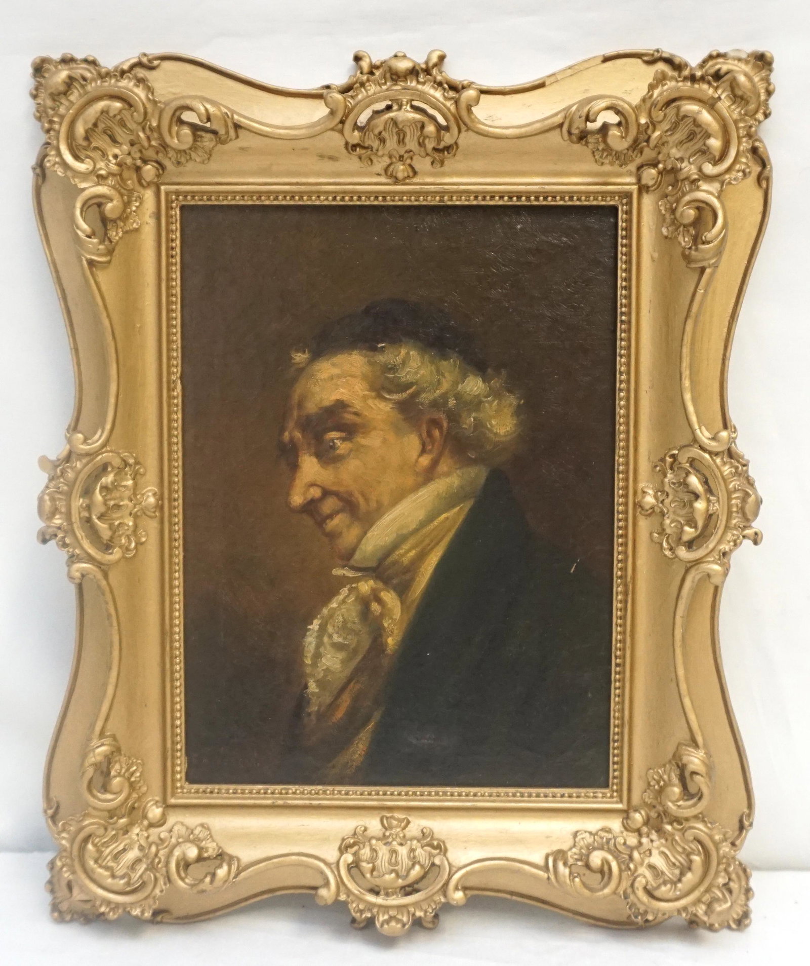 PORTRAIT OF A GENTLEMAN - WATSON: 19th c. Oil on Canvas Portrait of a Gentleman. Signed F.H. Watson lower left. Painting has a small tear to lower center. In carved gilt gesso frame. In frame measures 17 1/2"x14 1/4"x2". Weight 3 pds.