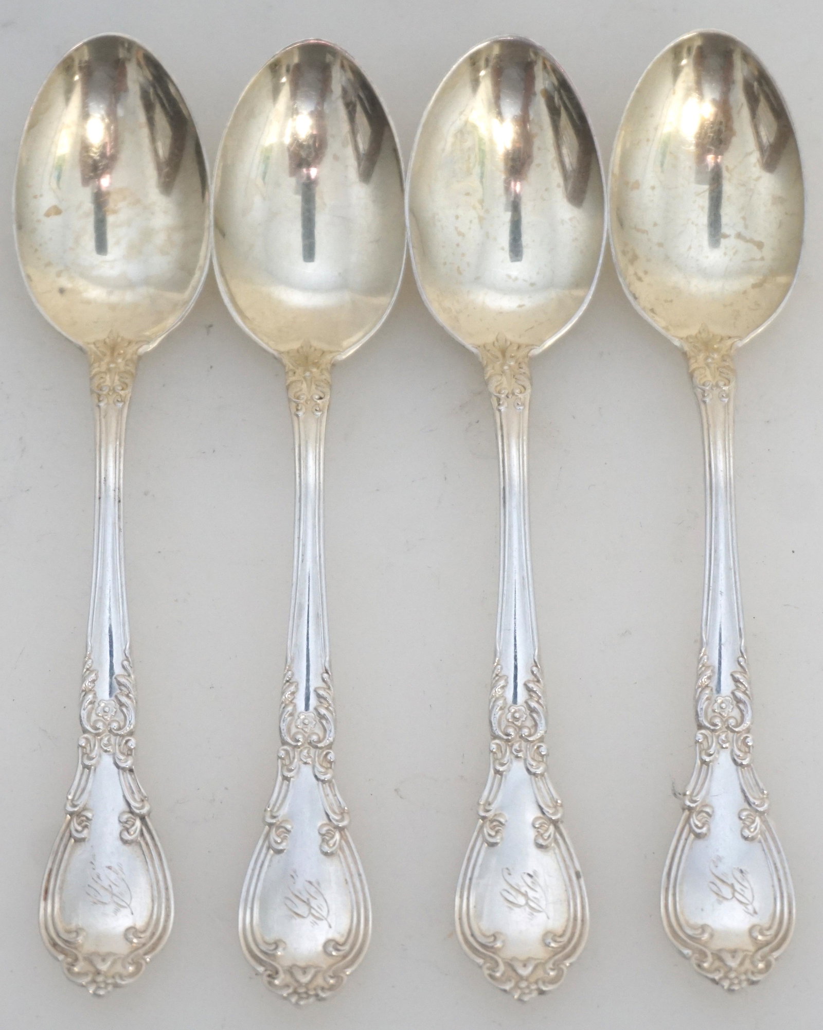 4 GORHAM STERLING DEMITASSE SPOONS: Four (4) Antique Gorham Sterling Silver Deitasse Spoons. Monogrammed "B". Each 4 2/8". Silver weight on all approximately 30 grams. PROVENANCE:The Johnston-Buist Family of Charleston.