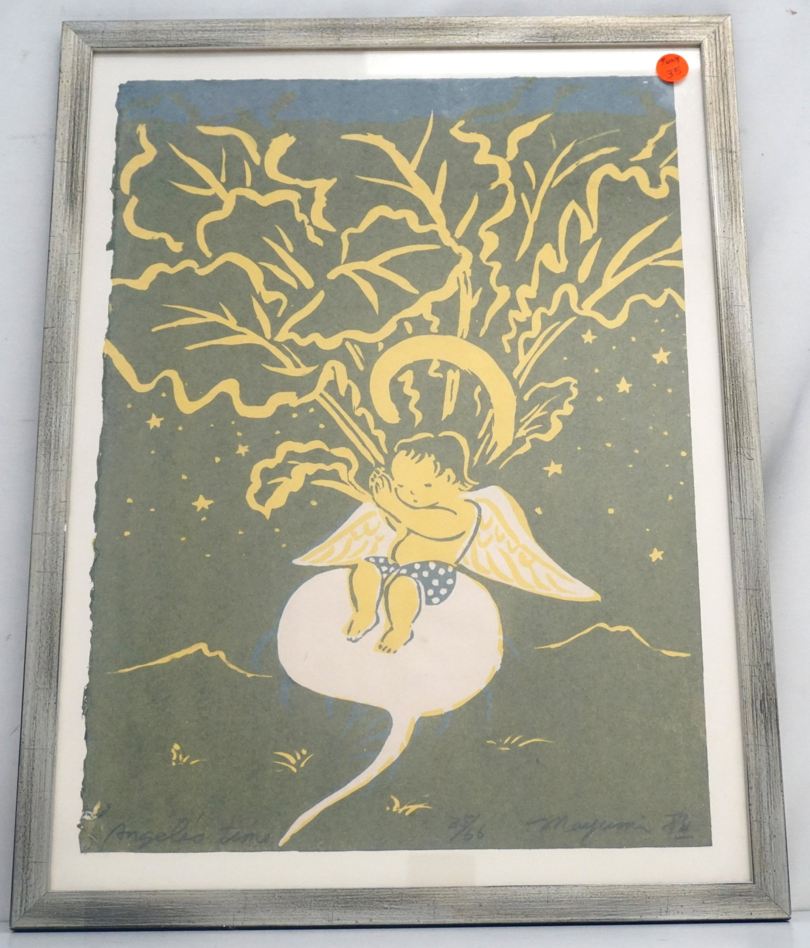 MAYUMI ODA "ANGELES TIME" ORIGINAL SILKSCREEN SIGNED &: Mayumi Oda, Artist Signed & Numbered 35/66 Limited Edition Silkscreen "Angeles Time". Unframed 17.25" x 12.5". Professionally framed 21"x16"x1/2". Weight 3 pds. Mayumi Oda, known as the Matisse of Jap