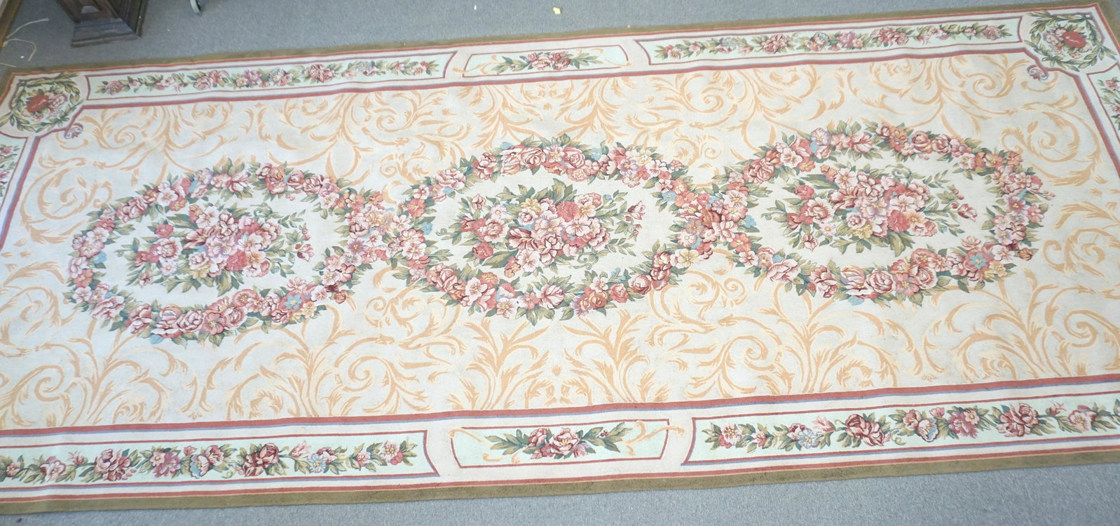 LARGE 19 FT VINTAGE STARK NEEDLEPOINT RUG: Large Stark Needlepoint Aubusson Style Woorl Carpet. Measures 7.9ft x 19ft. Stark Carpet was founded in 1928 in New York City. NO IN HOUSE SHIPPING. PROVENANCE: A Private Charleston SC Estate.***Picku