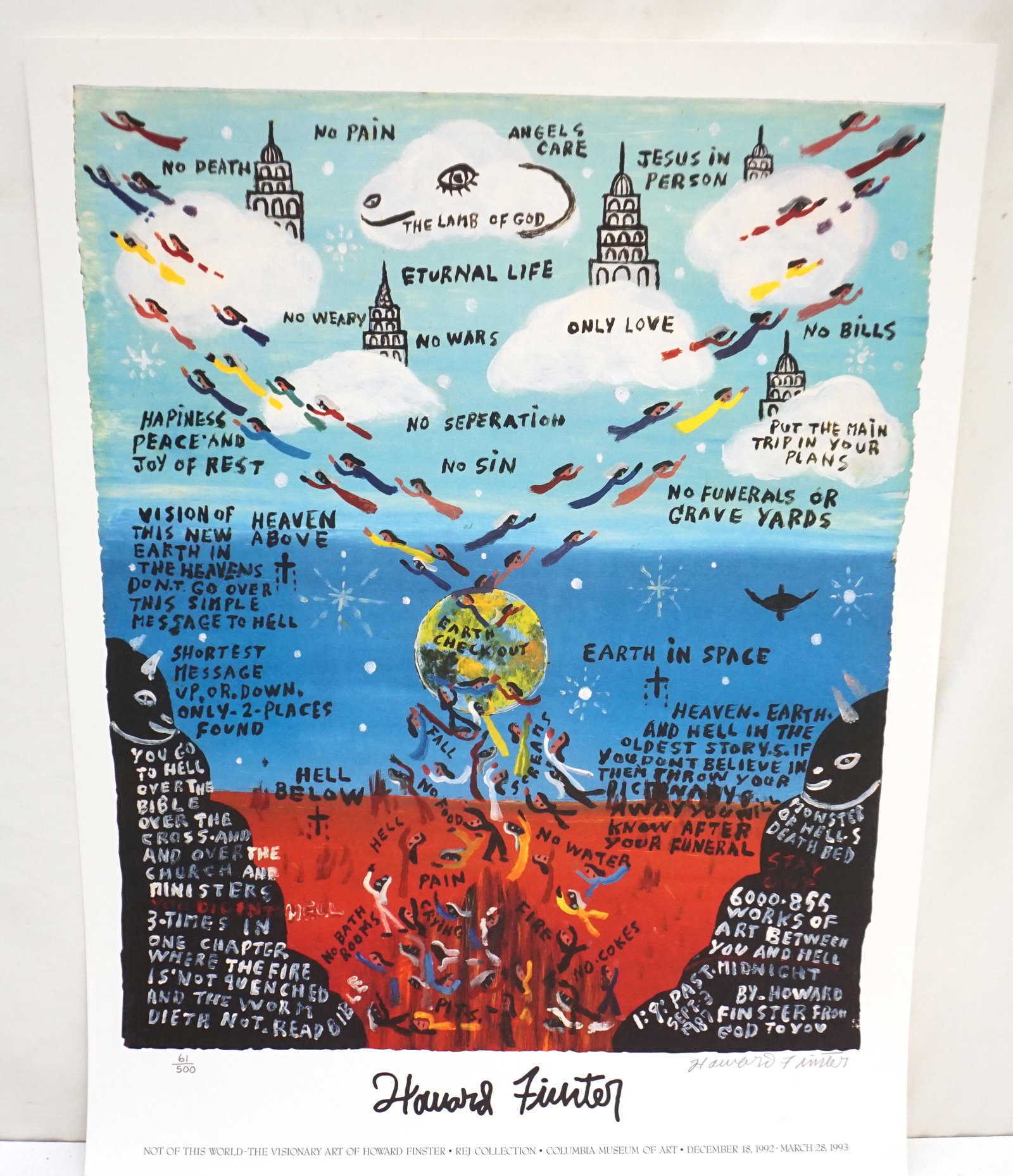 HOWARD FINSTER SIGNED EXHIBITION LITHO: Howard Finster (1916-2001) Limited Edition Lithograph Exhibition Poster, signed in Pencil by the artist and numbered 61 of 500. Poster from "Not of This World-The Visionary of Howard Finster, REJ Coll