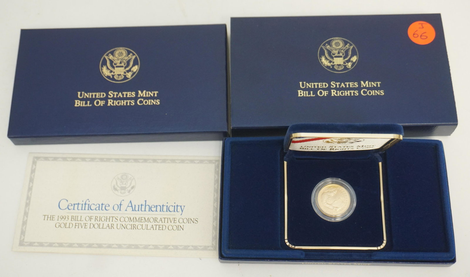 1998 $5 BILL OF RIGHTS US GOLD COIN: One $5 US gold 1998 Bill of Rights coin. Coin is in original box, sleeve and with COA. Total weight approx. 12oz.