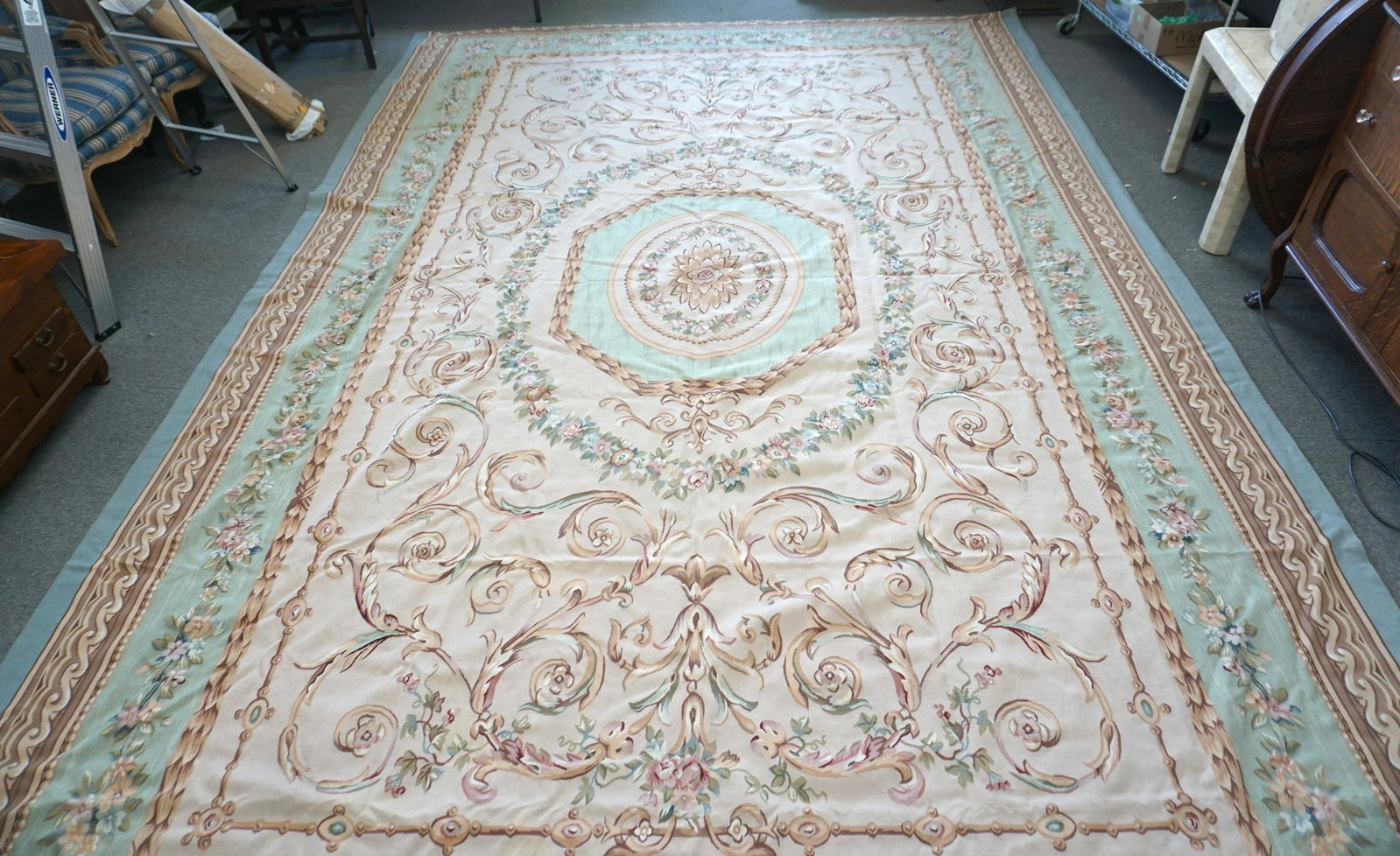 LARGE AUBUSSON STYLE RUG 15.5 FT: Large 20th c. Aubusson Style Tapestry Rug. Approximately 15.5' ft x 10.5 ft. Measures 190" x 128". NO IN HOUSE SHIPPING. PROVENANCE: A Private Charleston SC Estate.***Pickup only or Shipping on this i