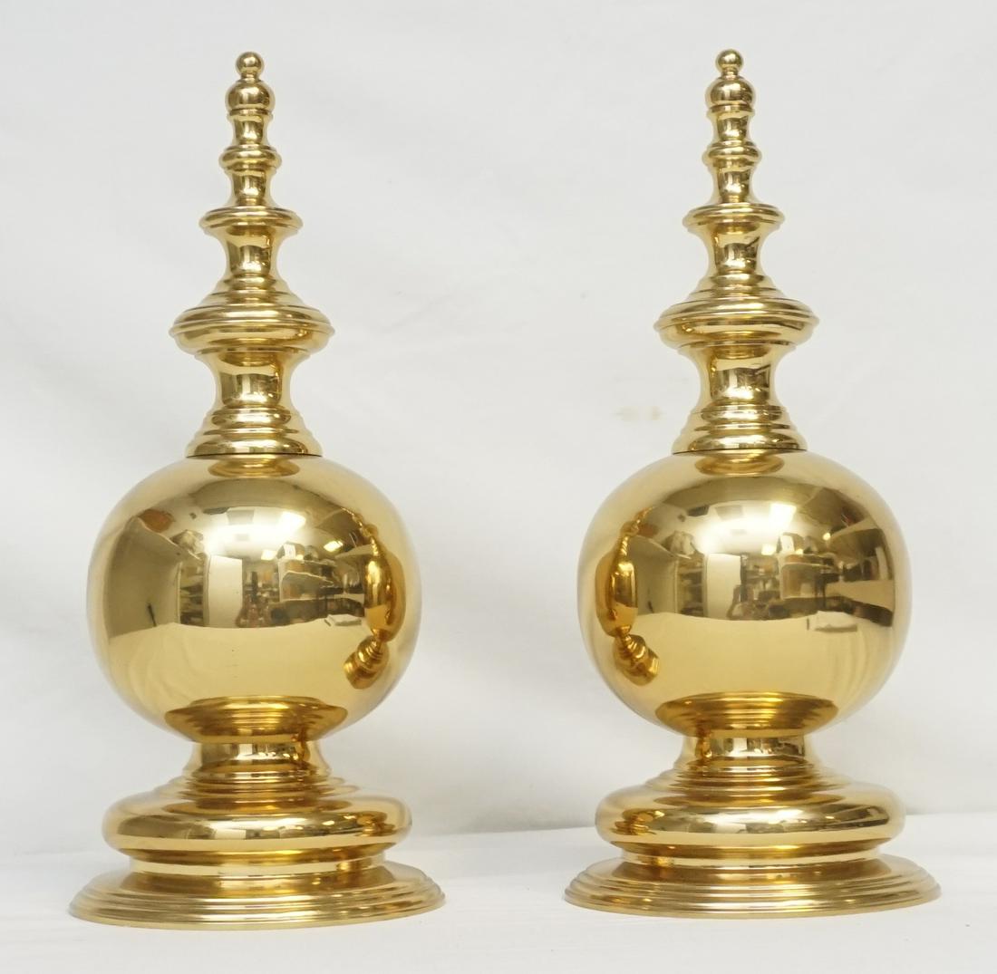 PAIR LARGE MAITLAND SMITH BRASS DECORATIVE FINIALS: Pair of Large Maitland Smith Polished Brass Decorative Finials. Good condition. Each 6"x6"x13 3/4". Weight combined 12 pds. PROVENANCE: A Private Charleston SC Estate.
