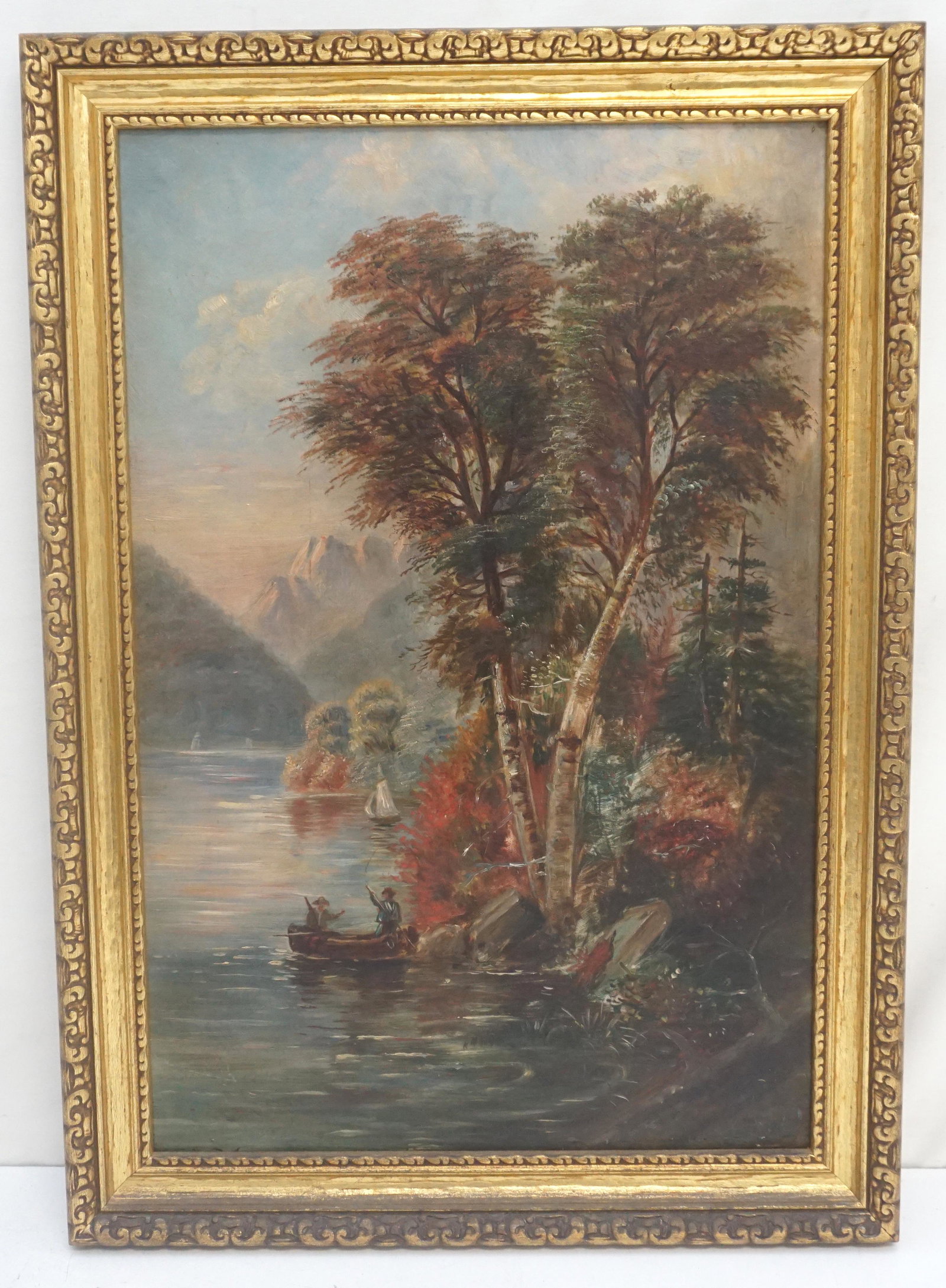 HUDSON RIVER SCHOOL OIL ON BOARD LANDSCAPE: Antique c. 1890 Hudson River School Oil on Artist Board River Landscape. Unsigned. In gilt wood frame measures 21"x15"x1". Weight 2 pds. PROVENANCE: A Private Charleston SC Estate.