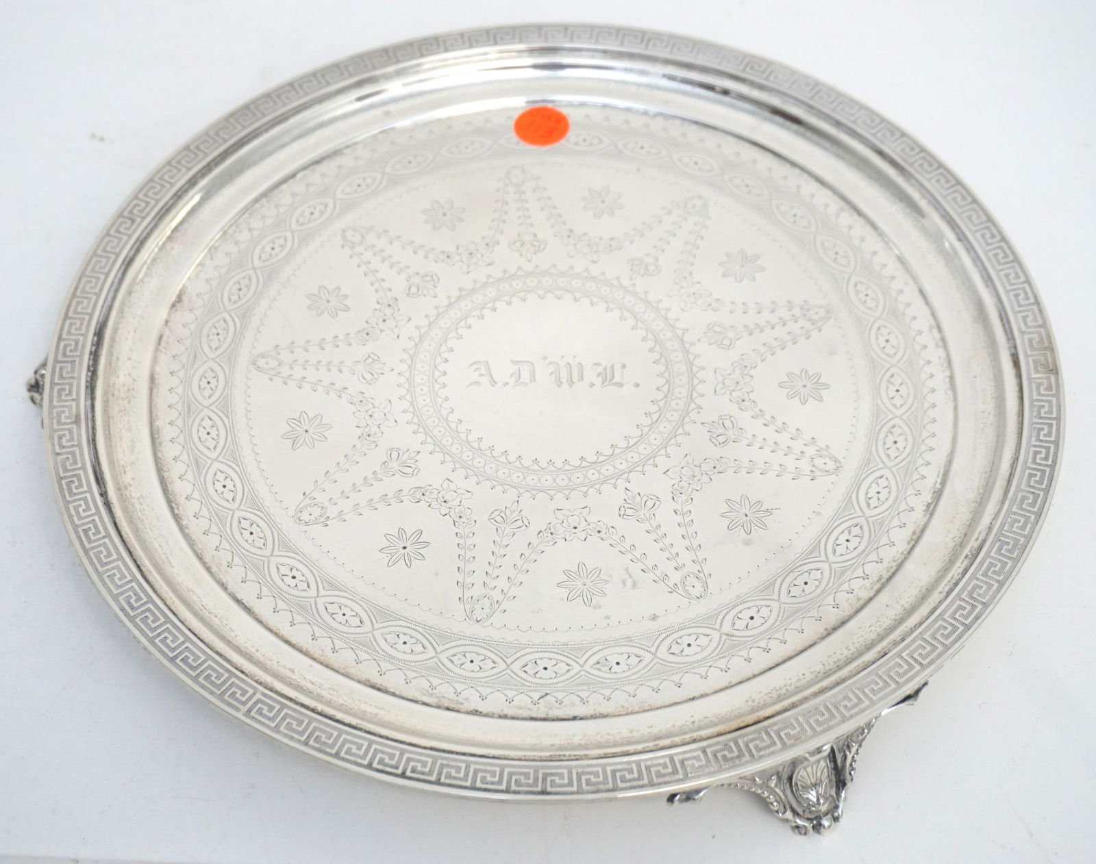 AMERICAN COIN SILVER ORNATE TRAY BOSTON: American Coin Silver Civil War Era Ornate Etched Footed Tray c. 1863, made by Gorham for Shreve, Stanwood & Co., marked coin. Center monogrammed, measures 12"x12"x1 1/4". Approximate Silver Weight is