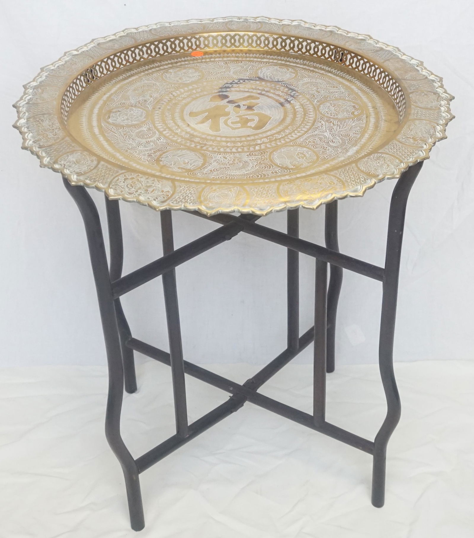 CHINESE BRASS TRAY TOP TABLE: Large Vintage Chinese Hammered Brass Tray Top Table. On folding Stand. NO IN HOUSE SHIPPING. ***Pickup only or Shipping on this item offered through Outward Bound 413-854-3676, Throwers Transport 803-