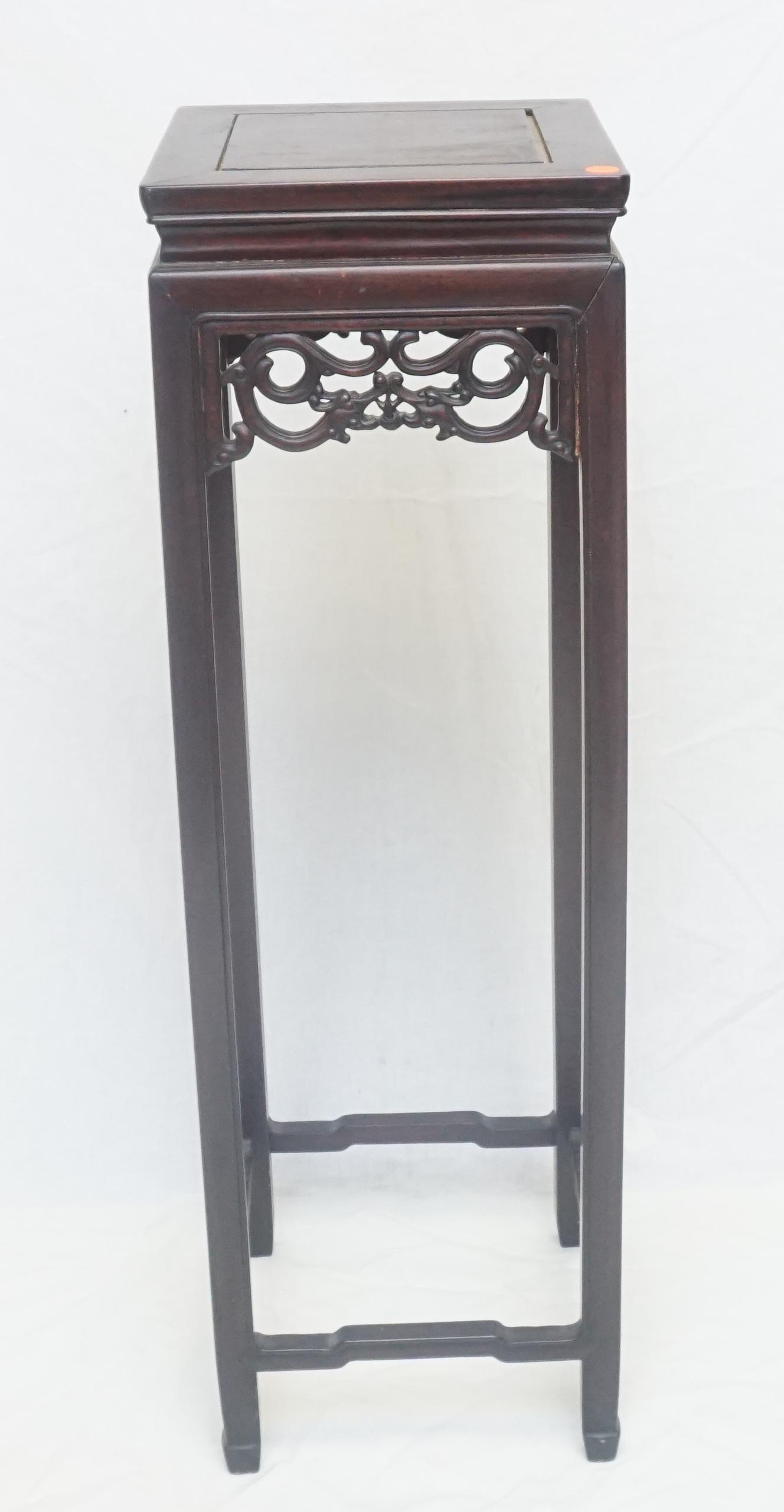 VINTAGE CHINESE CARVED ROSEWOOD STAND: Vintage Carved Chinese Rosewood Stand. Measures 11"x11"x36". Weight 14 pds. NO IN HOUSE SHIPPING***Pickup only or Shipping on this item offered through Pak Mail 843-849-0310 - info@charlestonshipping.