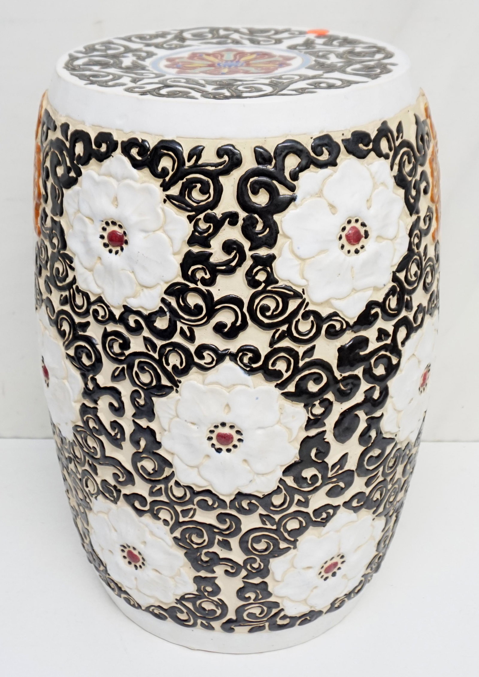 CHINESE ENAMELED PORCELAIN GARDEN STOOL: Chinese Enameled Porcelain Garden Stool. Measures 12"x12"x 18" tall. Approximate weight 21 pds. Good condition. NO IN HOUSE SHIPPING. PROVENANCE: A Private Charleston SC Estate.***Pickup only or Shipp