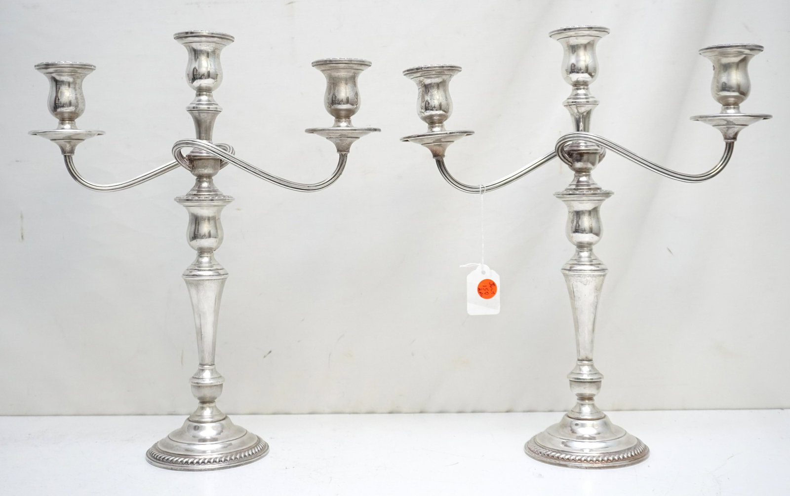 PAIR AMERICAN STERLING SILVER CANDELABRA: Pair of Large Vintage American Sterling Silver 3 Arm Weighted Candelabra by International. Each 13"x3 1/2"x16". Weight on both 6.75 pds. PROVENANCE: A Private Charleston SC Estate