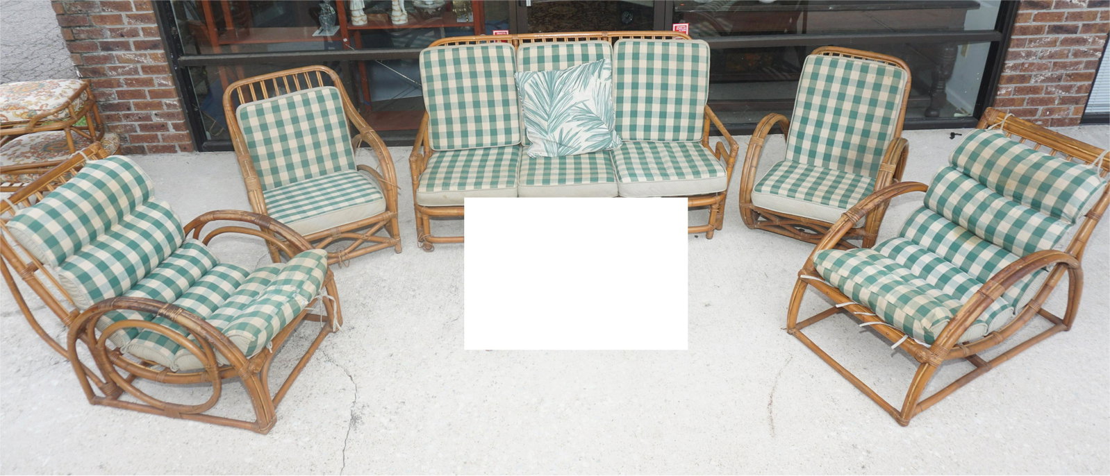 5 PC ART DECO BAMBOO FURNITURE WITH GREEN CUSHIONS: 5 Piece Original Art Deco Bamboo and Rattan Furniture. 1 Sofa and 4 Chairs. Original Upholstered Green Checked Cushions. For comparison measurement on sofa approximately 64" long, 26" deep and 33" tal