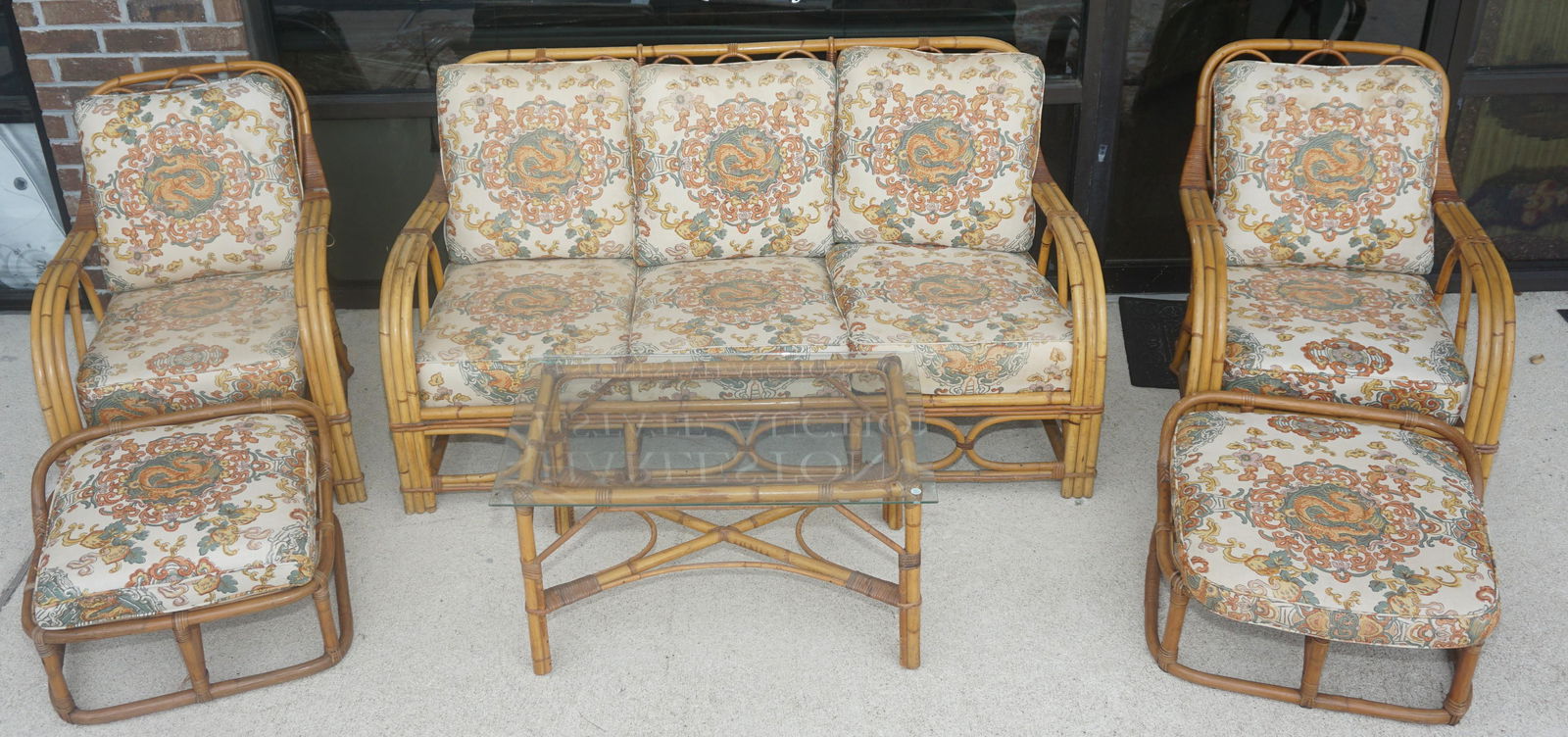 6 PC ART DECO BAMBOO & RATTAN FURNITURE: Original Art Deco 6 Piece Bamboo and Rattan Set. 1 Sofa, 3 Chairs, 1 Ottoman, 1 Table. Original Dragon Upholstered pillows. For comparison Sofa is approximately 63" long, 26 deep and 33" tall. NO IN H