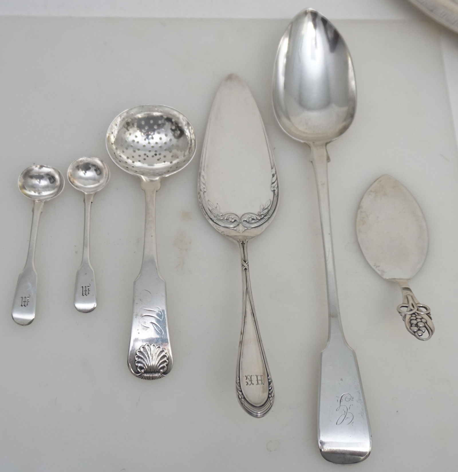 6 pc ENGLISH STERLING STUFFING SPOON & 800 SILVER: 1- Large English Sterling Silver Georgian Stuffing / Rice Spoon by John, Henry & Charles Lias, London, Monogrammed 12". 2- Continental 800 Silver Pie/Cake Server, Monogrammed 10 1/4". 3- English Sterl