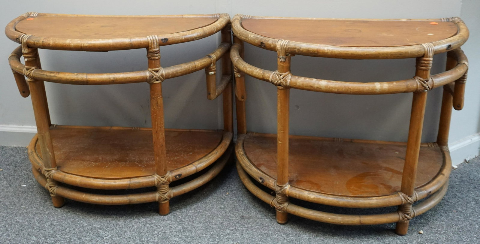 2 ART DECO BAMBOO RATTAN SIDE TABLES: Two Art Deco Bamboo & Rattan side tables. NO IN HOUSE SHIPPING. .***Pickup only or Shipping on this item offered through Throwers Transport 803-579-6982, Outward Bound 413-854-3676, Pak Mail 843-849-0