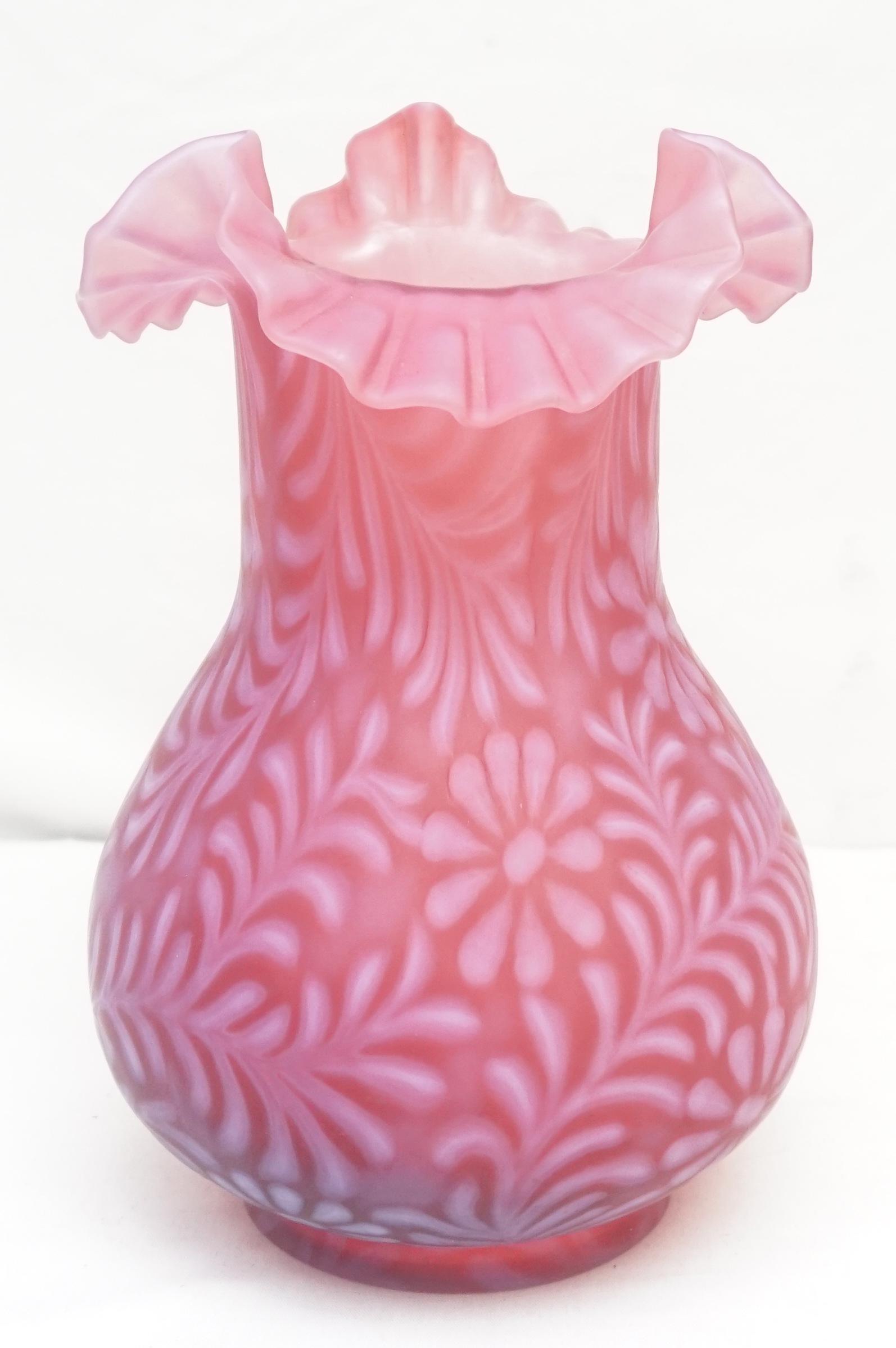 FENTON CRANBERRY DAISY & FERN LAMP SHADE: Vintage Cranberry Daisy & Fern Satin Glass Lamp Shade by Fenton for L.G. Wright.. Measures 10". Fitting 4". Weight 2 pds 15 oz. Good condition.. PROVENANCE: A Charleston SC Private Estate