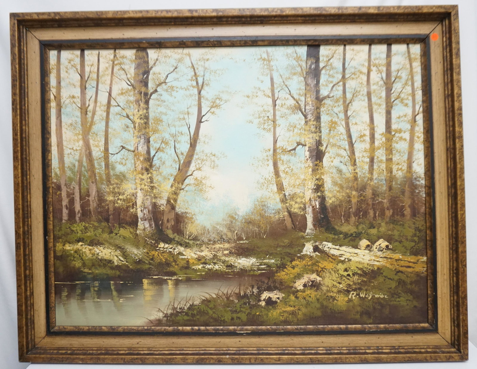 LARGE OIL ON CANVAS CALIFORNIA LANDSCAPE: Large California Landscape by Robert Leicester Wagner (1872 - 1942). In wood frame 37"x47"x2". Canvas needs restretched, small push/dent to center. Weight 12 pds. NO IN HOUSE SHIPPING. PROVENANCE: A P