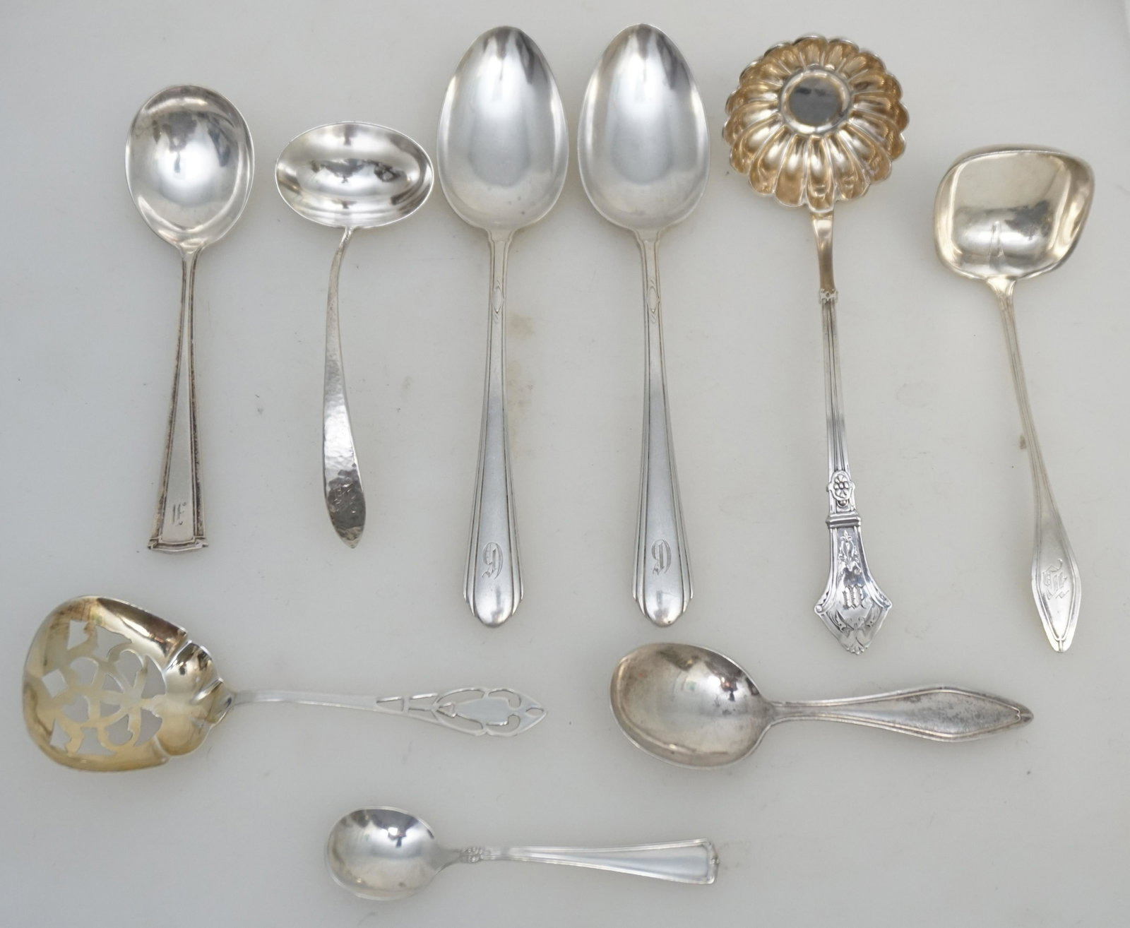 9 STERLING SILVER LADLES & SERVING: 1- Robbins, Clark & Biddle Fluted Bowl Ladle 6 1/4", monogrammed 2- Pair (2) Towle Lady Diana Serving Spoons monogrammed 7 1/4". 3- Gorham Hammed Silver Cream Ladle, monogrammed 5". 4- Towle Sterling 
