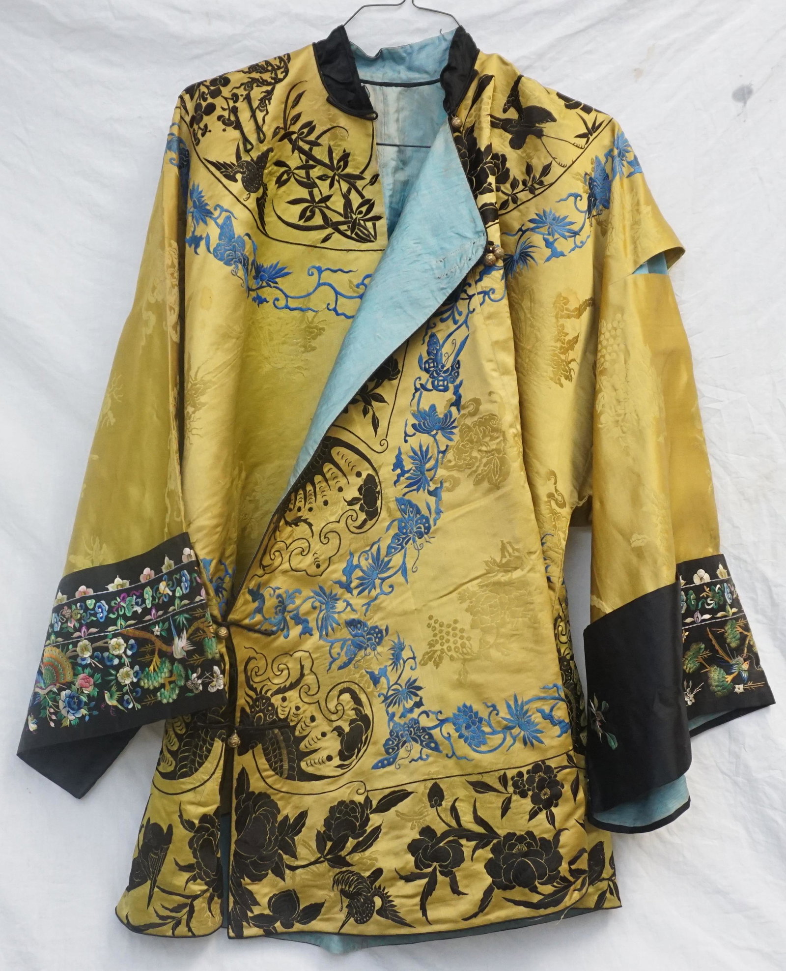 3 JAPANESE / CHINESE 1920-30s SILK & EMBROIDERED ROBES: Three Vintage Silk and Embroidered Japanese and Chinese Robes & Jacket. 1 Jacket, 2 Robes. All with minor wear, a few tears on seams. See Photos Weight on all 6 pds. PROVENANCE: From the collection of