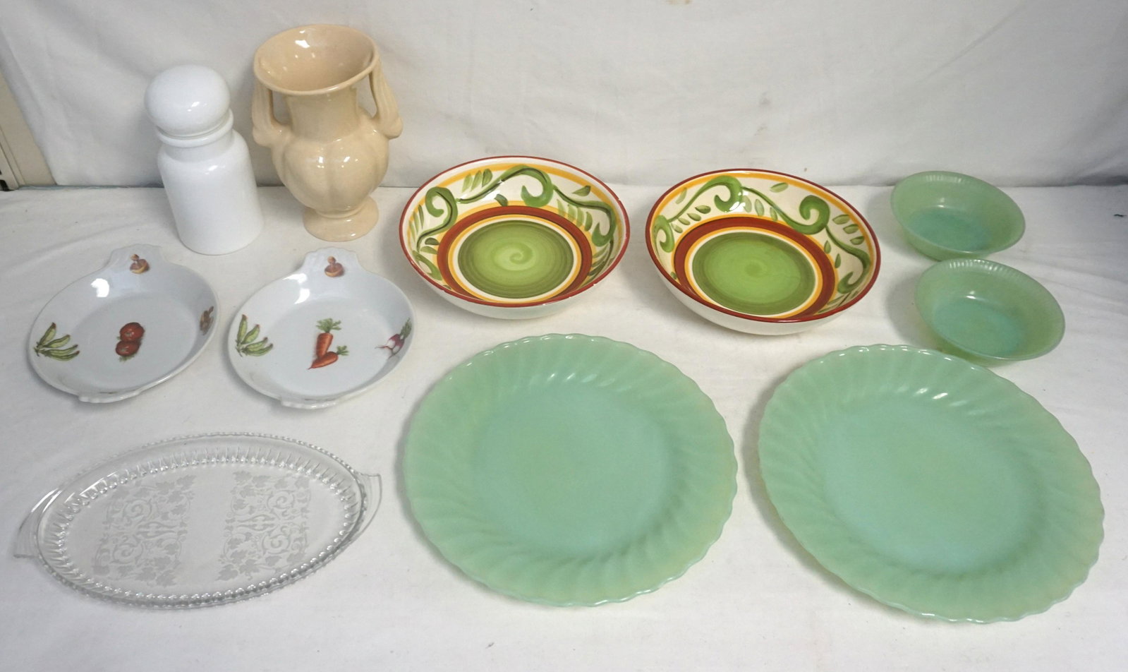 10 PC DEALER VINTAGE FIRE KING + POTTERY: 1- Two Fire King Jadeite Shell Dinner Plates 10". 2- Milk Glass Apothacary Jar, Made in Belgium 7". 3- Martinsville Clear Glass Etched #29 Grape Vine Leaf Florentine Serving Tray 10 1/4". 4- Two Frenc