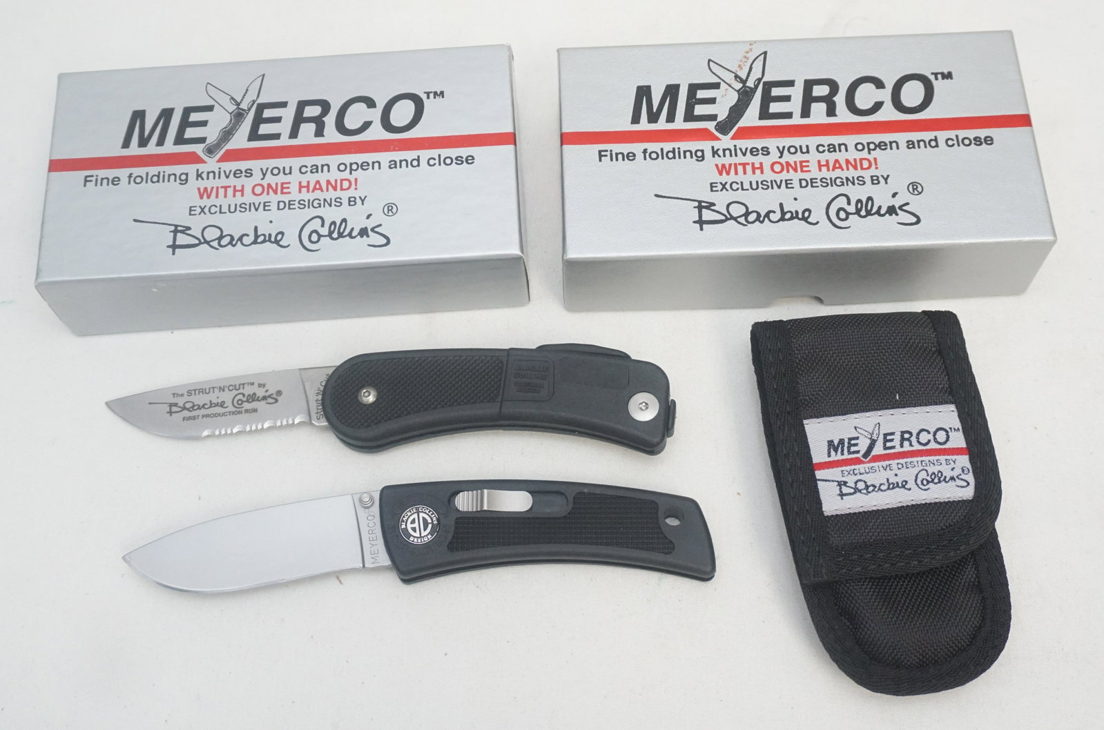 2 BLACKIE COLLINS MYERCO COLLECTIBLE KNIVES: 1- Blackie Collins Exclusive Designs. Myerco Folding Knife you can open and close with one hand. Bolt action stainless steel blade, Black case with belt clip, new in box. 2- Blackie Collins Myerco Str