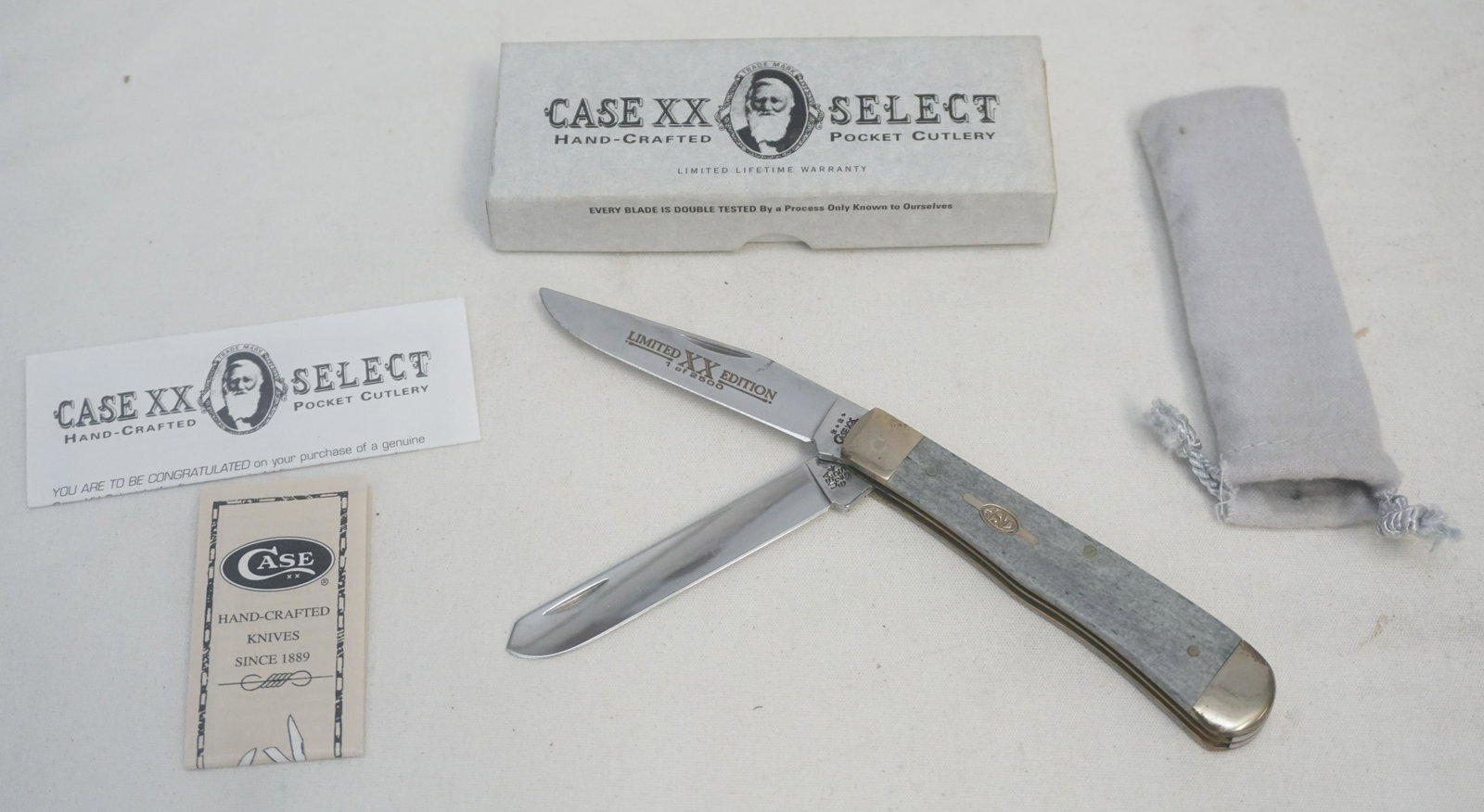CASE XX SELECT LIMITED EDITION POCKET KNIFE: Case Pocket Knife Limited XX Edition 1 of 2500. Gray in color. Select Hand Crafted Pocket Cutery, New in box in excellent condition. Purchased in 1999, this knife has beed in te box all the tome. Orig