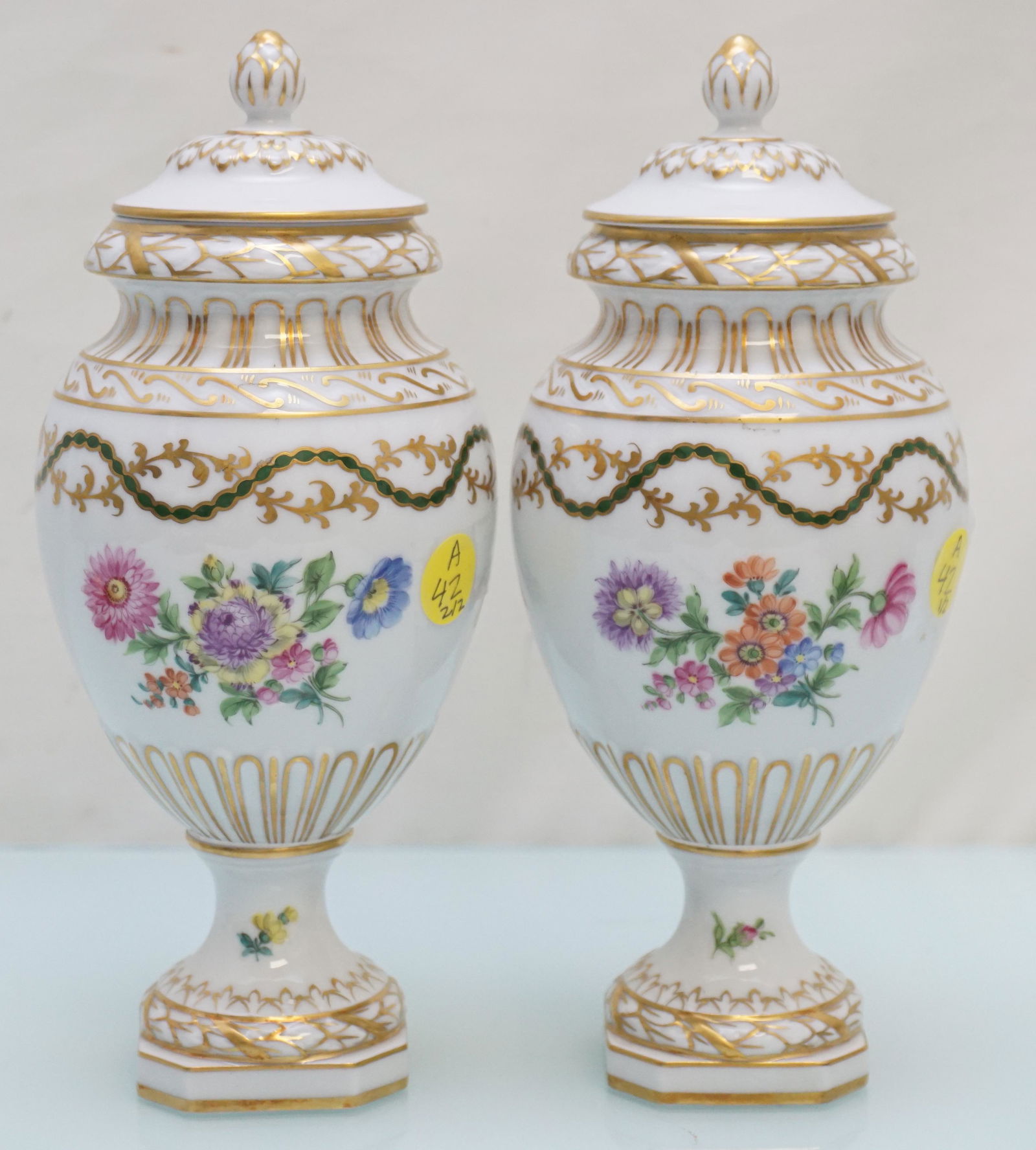PAIR DRESDEN PORCELAIN URNS (1 of 9)