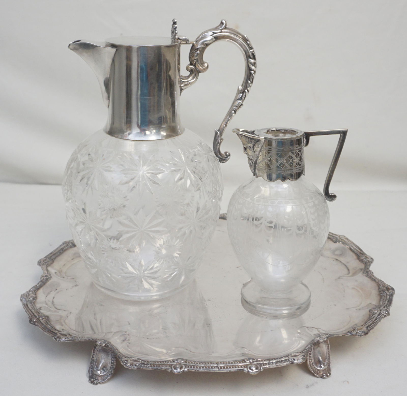 3 pc ANTIQUE CUT GLASS JUGS + TRAY (1 of 14)
