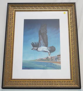 GOUACHE CHARLESTON BATTERY W OSPREY: Richard Patterson (Charleston, SC, 20th century) gouache on paper, soaring osprey on the Charleston Battery. signed and dated 1987 lower right. Professionally framed and matted. Measures 24 1/2"x29