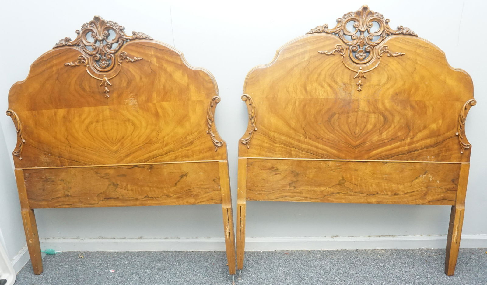 PAIR OF FRENCH CARVED TWIN HEADBOARDS: Pair of French Carved Twin Headboards. Each 40"x50"'. NO IN HOUSE SHIPPING. PROVENANCE: A Private Charleston SC Estate.***Pickup only or Shipping on this item offered through Throwers Transport 803-57