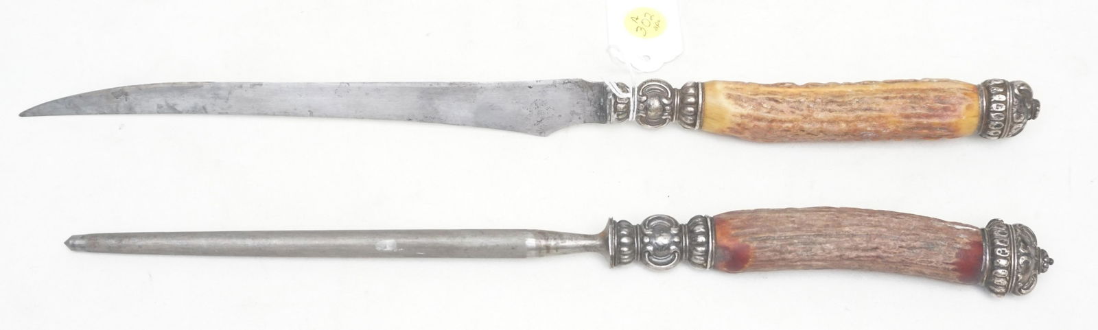 ANTIQUE STAG HORN SILVER KNIFE & SHARPENER (1 of 5)