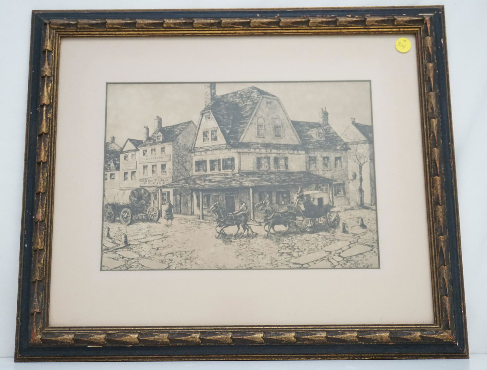 ETCHING PHILADELPHIA LONDON COFFEE HOUSE: Vintage Etching, London Coffee House, Pennsylvania, by E.T. Scowcroft. The London Coffee House was located at the southwest corner of Front and High (present-day Market) in Philadelphia. Opened by Wil