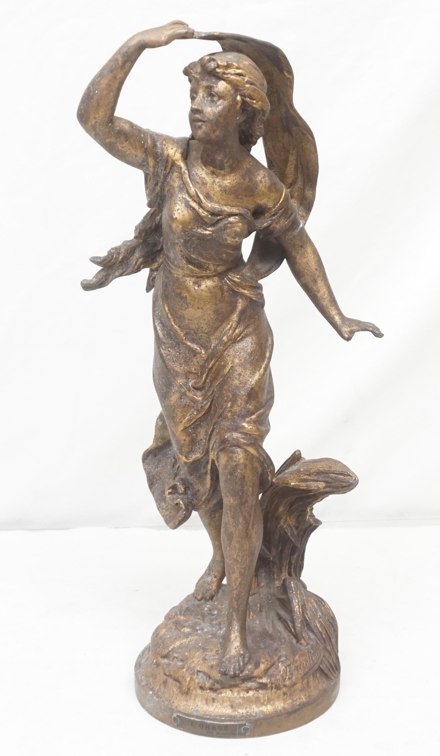 EMILE BRUCHON SPELTER L'ORAGE: Emile Bruchon (French, 19th/20th c.). Patinated spelter figure of maiden, signed in cast "Bruchon" with brass title plate, 16 1/2 in. H. Weight 5 pds 5 oz. Thumb missing 1 hand. Crack to arm. Good for