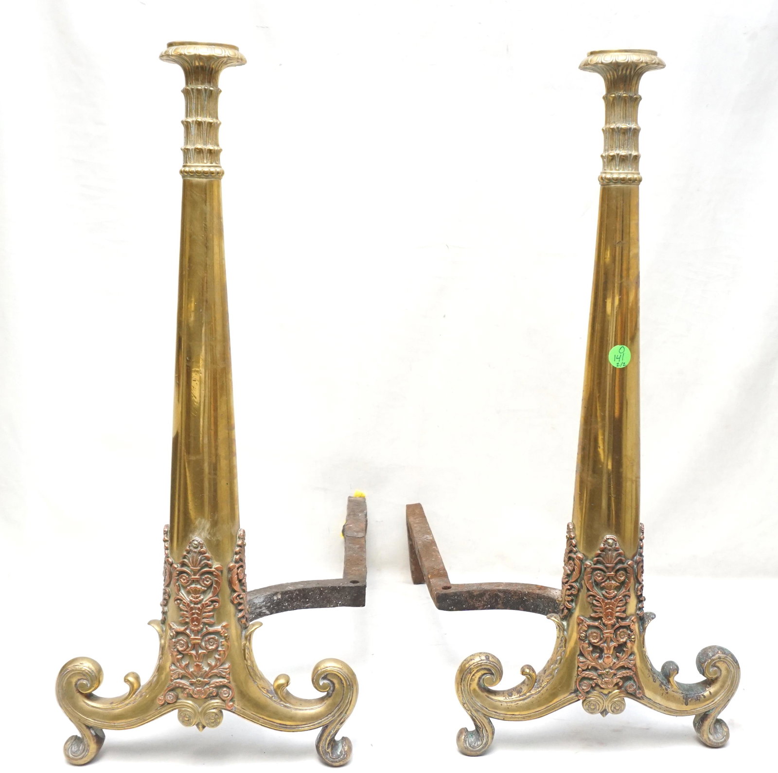 ANTIQUE NEOCLASSICAL BRASS & COPPER ANDIRONS (1 of 12)
