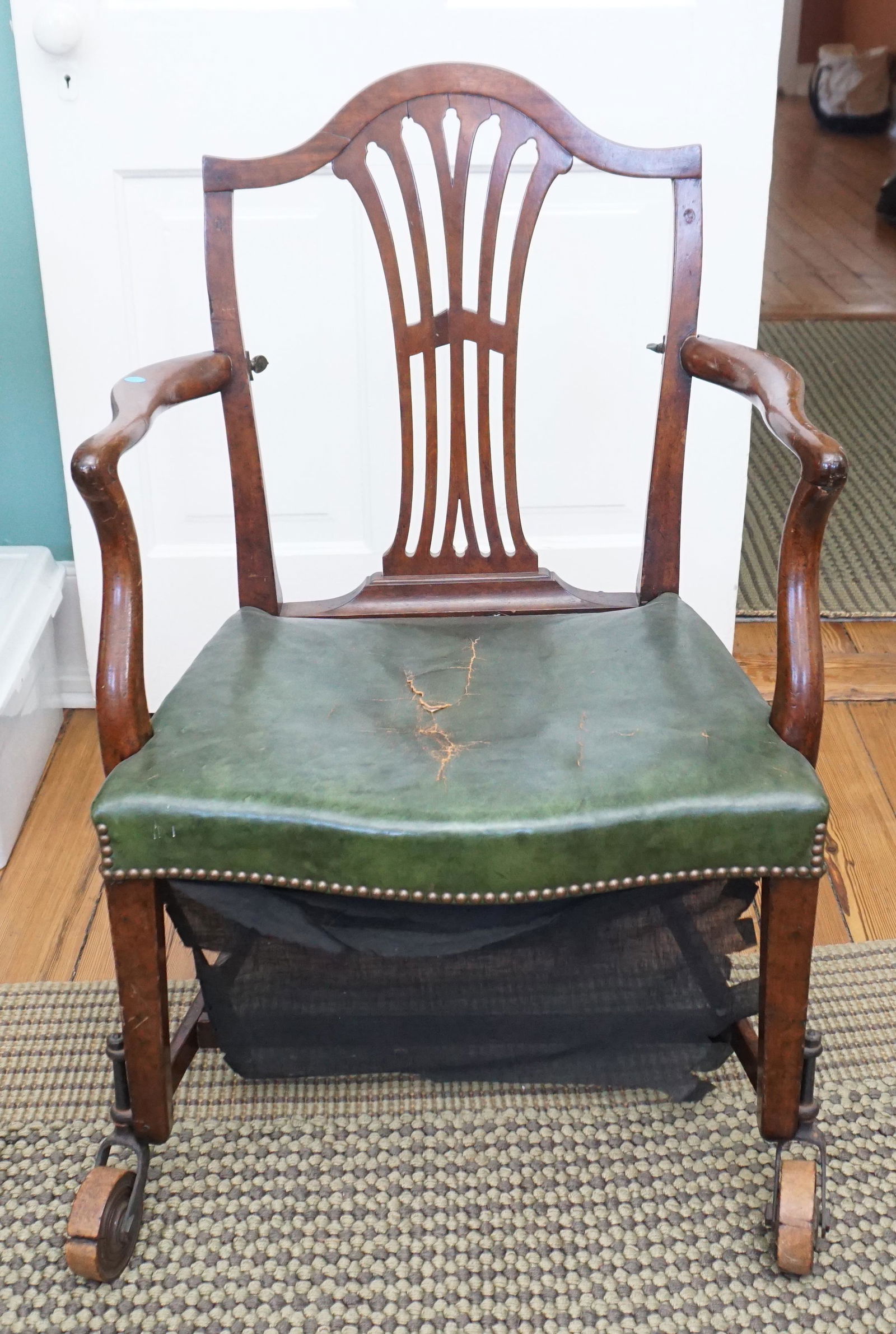 ANTIQUE INVALID LEATHER ARM CHAIR (1 of 11)